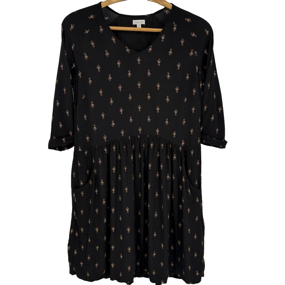 Garnet Hill Womens Geometric Print Shift Dress 12 Black Pockets Boho‎ Indie